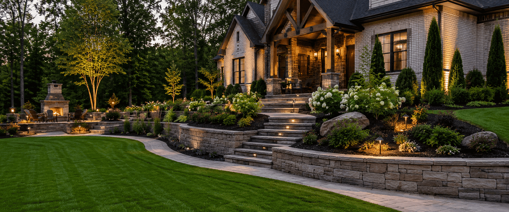Landscaped home with stone retaining walls, lush lawn, garden beds, and outdoor lighting