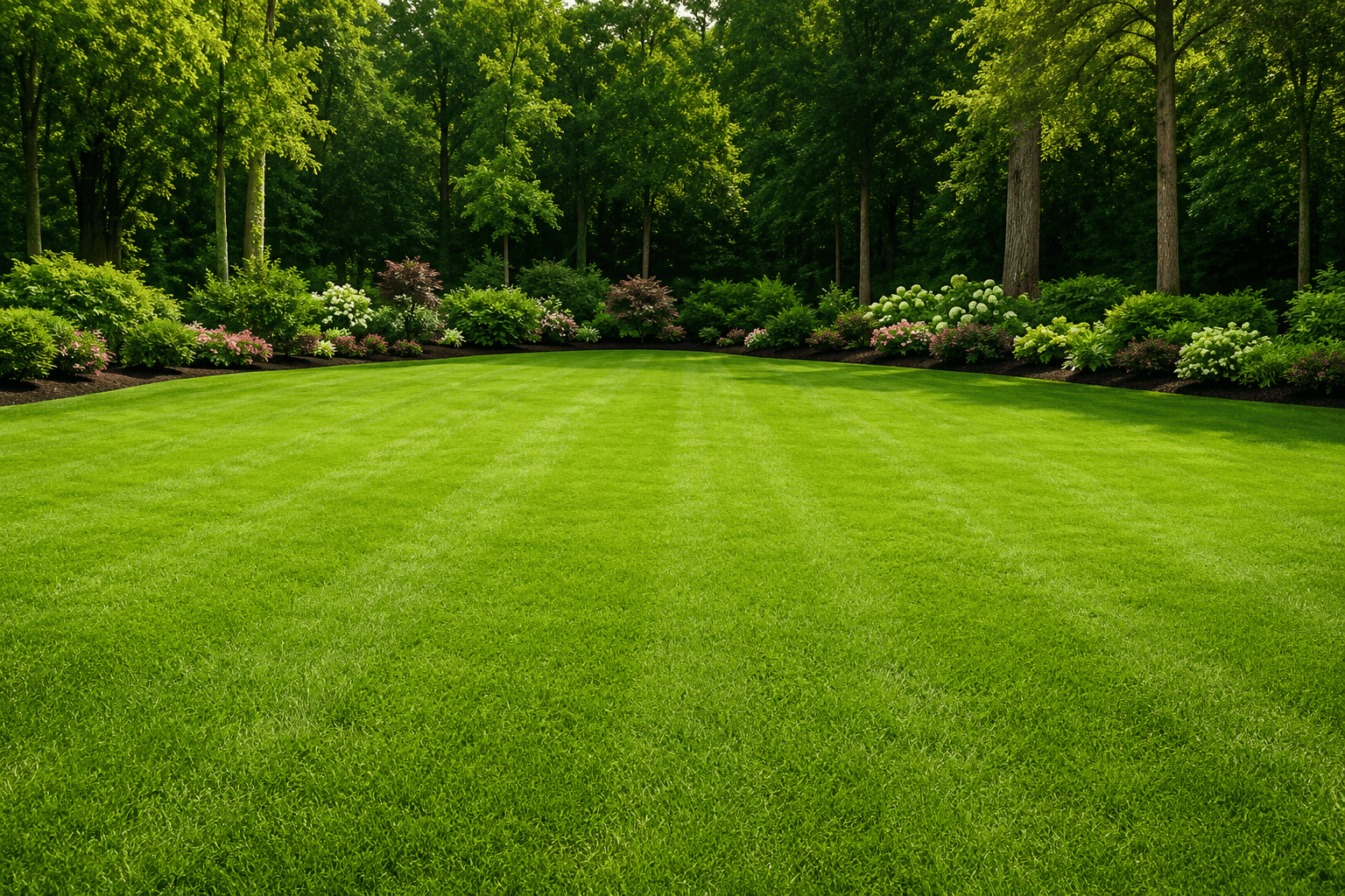 Manicured lawn bordered by flowering shrubs and mature trees, illustrating professional lawn installation.